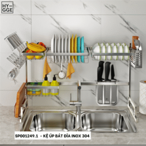 Kệ úp bát đĩa INOX 304 để ngang bồn rửa - KÈM TREO LY CỐC