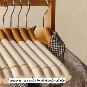 Set 5 móc áo gỗ kèm xốp giữ nếp, chống trượt