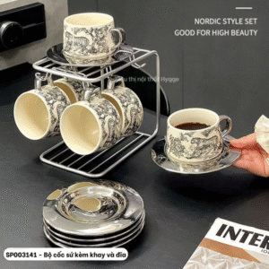 Bộ cốc sứ kèm khay và đĩa