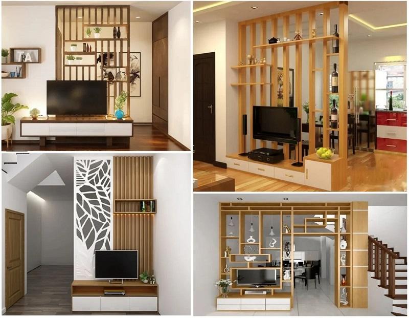 Kệ gỗ vách ngăn phòng khách hiện đại màu sáng, phân chia không gian phòng khách và phòng ăn