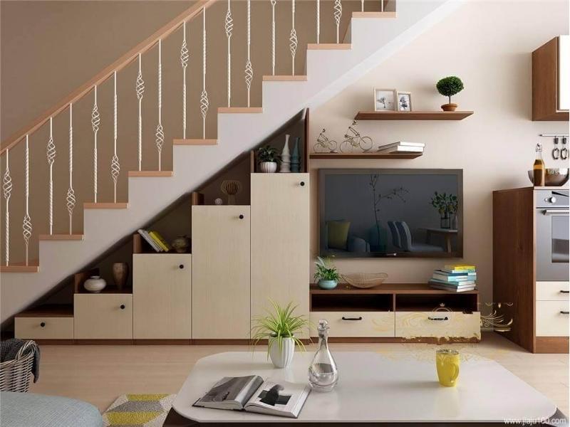 Mẫu kệ tivi gầm cầu thang đẹp làm từ gỗ công nghiệp hiện đại với thiết kế đơn giản