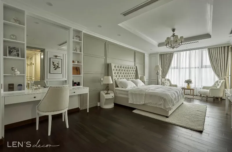 Một không gian phòng ngủ gọn gàng và hiện đại với tủ đầu giường thông minh là trung tâm, nhấn mạnh sự tiện ích và thẩm mỹ.
