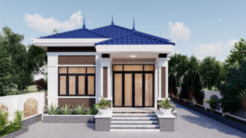 Bản vẽ mặt bằng minh họa bố cục nhà cấp 4 mái Nhật 3 phòng ngủ với phòng khách, bếp, 3 phòng ngủ và 2 vệ sinh.