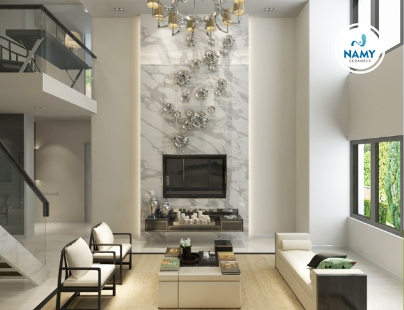 Mẫu gạch ốp lát nhà vệ sinh hiện đại màu xám trắng với kích thước lớn tạo cảm giác không gian rộng rãi