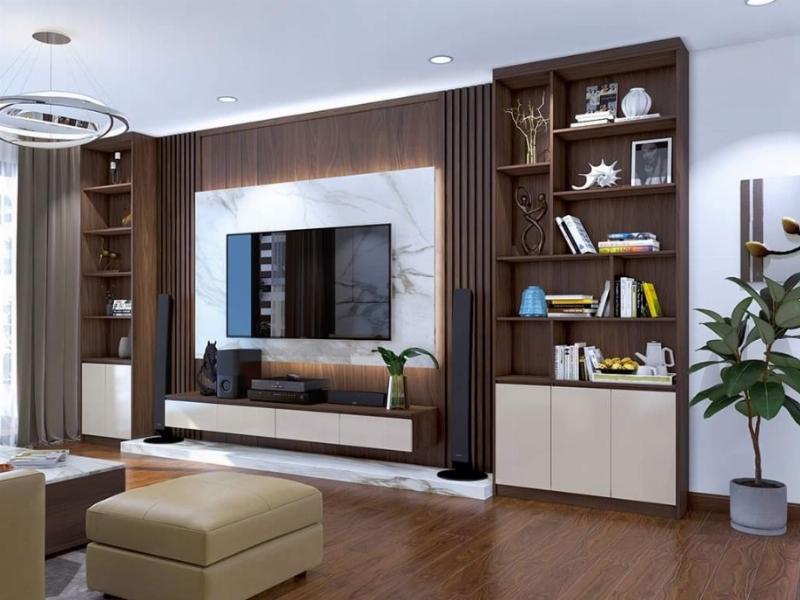 Mẫu kệ tivi che cầu thang được thiết kế riêng theo không gian nhà độc đáo và sáng tạo