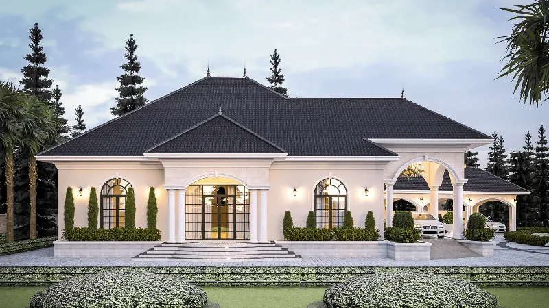 Một ngôi nhà cấp 4 mái Nhật 3 phòng ngủ hiện đại với kiến trúc tối giản, sân vườn xanh mát.