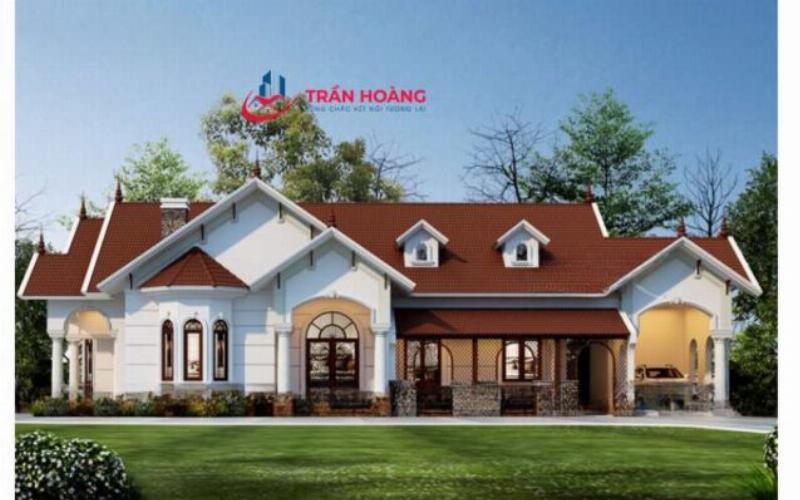 Mẫu nhà cấp 4 nông thôn 3 phòng ngủ với sân vườn rộng rãi, không gian xanh mát, tạo cảm giác thư thái và gần gũi thiên nhiên.