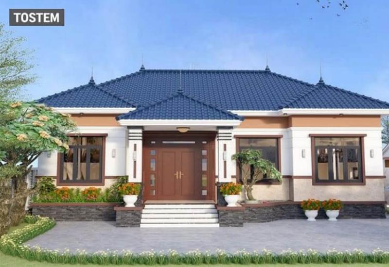 Mẫu nhà cấp 4 nông thôn 3 phòng ngủ với thiết kế mở, nhiều cửa sổ lớn đón sáng và gió tự nhiên, tạo không gian sống thoáng đãng và gần gũi thiên nhiên.