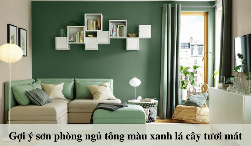 Phòng khách hiện đại với nội thất tông màu xanh ngọc bích sang trọng và điểm nhấn cây xanh tươi mát