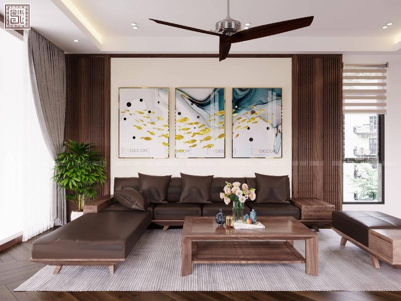 Nội thất phòng khách nhà ống hiện đại với sofa chữ I và bàn trà nhỏ gọn