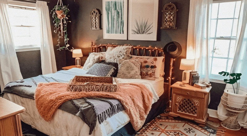 Kệ sách phong cách Bohemian với sự pha trộn màu sắc tươi sáng
