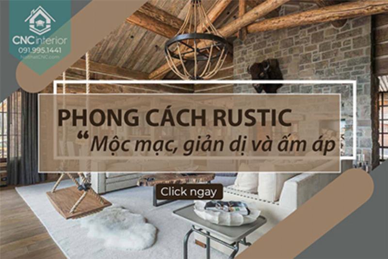 Một phòng khách phong cách Rustic ấm áp với tường đá, dầm gỗ trần, ghế sofa lớn màu đất và một chiếc lò sưởi đá.
