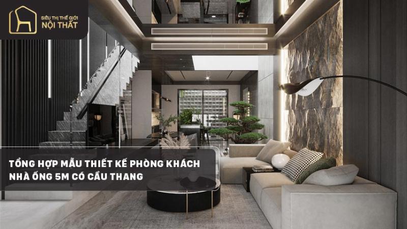 Thiết kế phòng khách nhà ống 5m với cầu thang chữ L tận dụng góc, tối ưu không gian