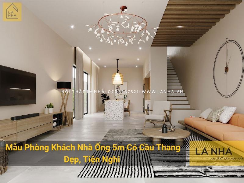 Thiết kế phòng khách nhà ống hiện đại có cầu thang, không gian thoáng đãng