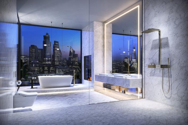 Phòng tắm master đẹp hiện đại với bồn tắm đứng, hai lavabo và khu vực vòi sen riêng biệt