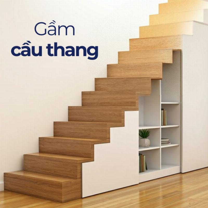 Thiết kế gầm cầu thang thông minh với tủ đồ âm tường và kệ trưng bày nhỏ gọn, tận dụng không gian hiệu quả.