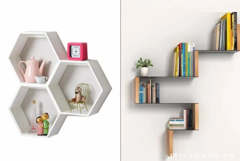 Một góc làm việc nhỏ gọn được thiết kế thông minh trong căn hộ chung cư, với bàn treo tường, ghế gấp và kệ sách âm tường, tận dụng tối đa không gian.