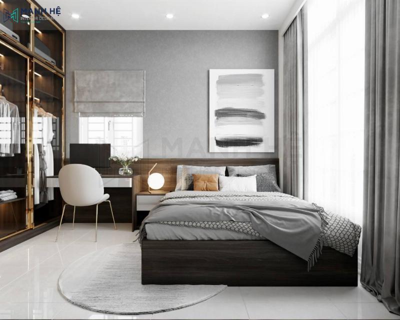 Mẫu trần thạch cao phòng ngủ 12m2 đơn giản với đèn downlight âm trần, tạo không gian sạch sẽ, hiện đại.