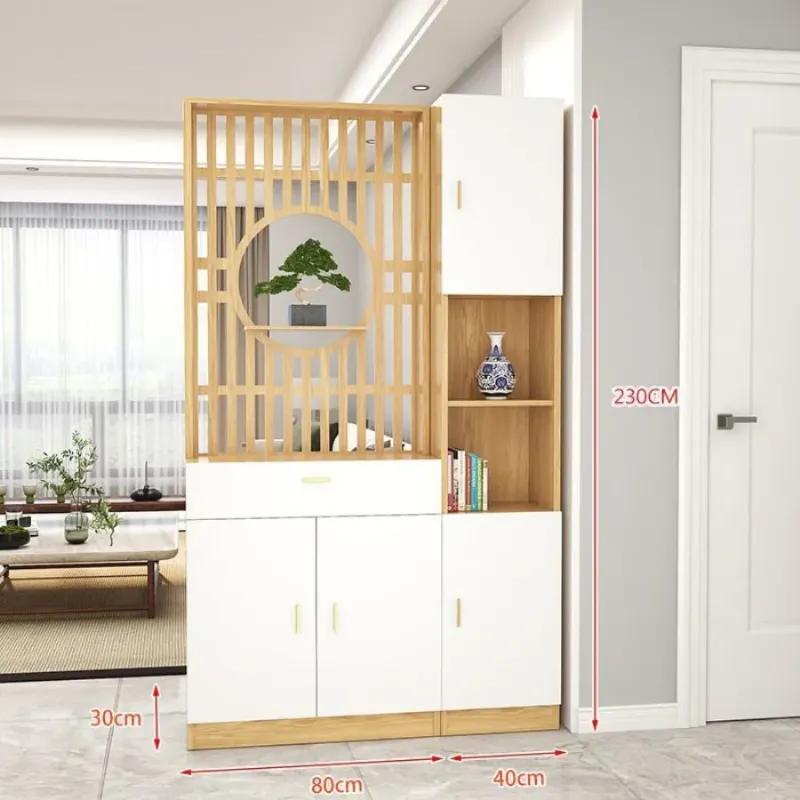Vách ngăn gỗ tự nhiên kết hợp kệ trang trí giữa phòng khách và bếp ăn hiện đại