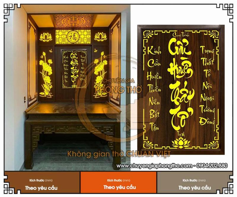 Vách ngăn lam gỗ tự nhiên kết hợp hoa văn trang trí cho không gian phòng thờ hiện đại