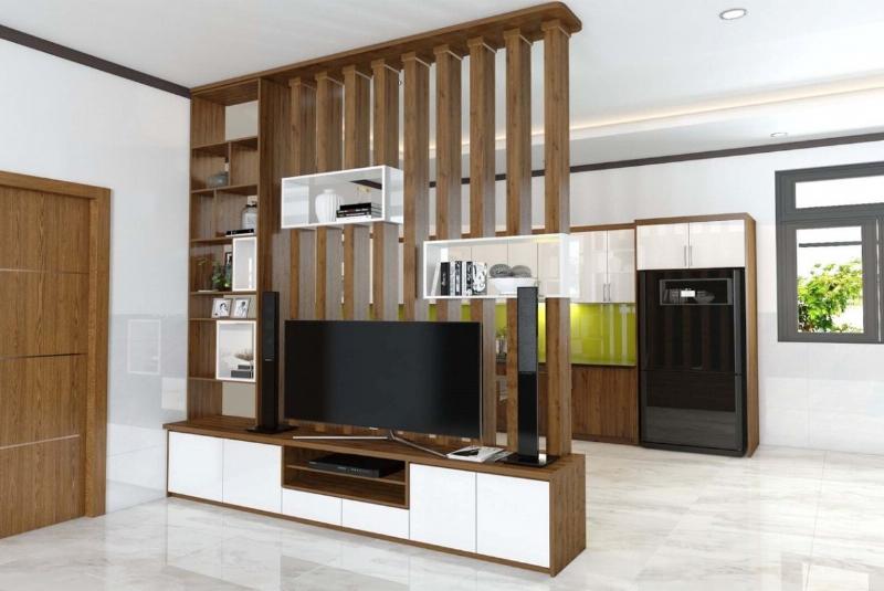 Vách ngăn phòng khách và bếp bằng gỗ, thiết kế hiện đại, giúp không gian thông thoáng