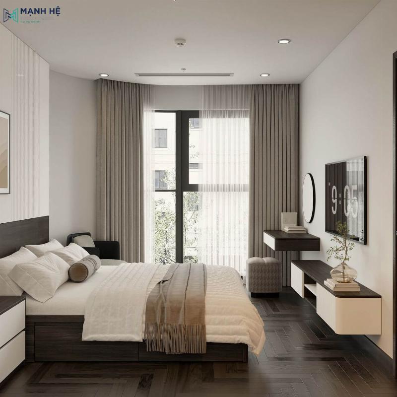 Bàn trang điểm treo tường hiện đại tối ưu không gian phòng ngủ nhỏ với thiết kế đơn giản và gương tròn