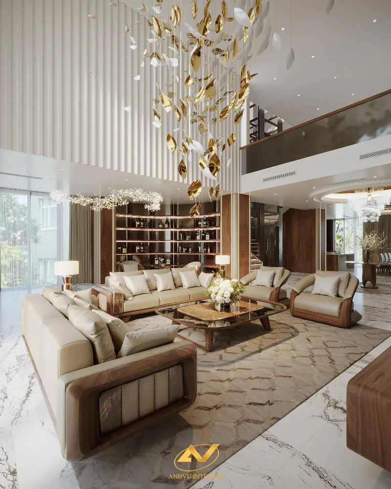Bộ ghế phòng khách gỗ hiện đại kết hợp nhiều vật liệu