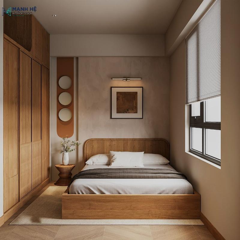 Bố cục phòng ngủ hài hòa với giường đặt đúng hướng, tủ quần áo âm tường và bàn trang điểm gọn gàng, tối ưu không gian