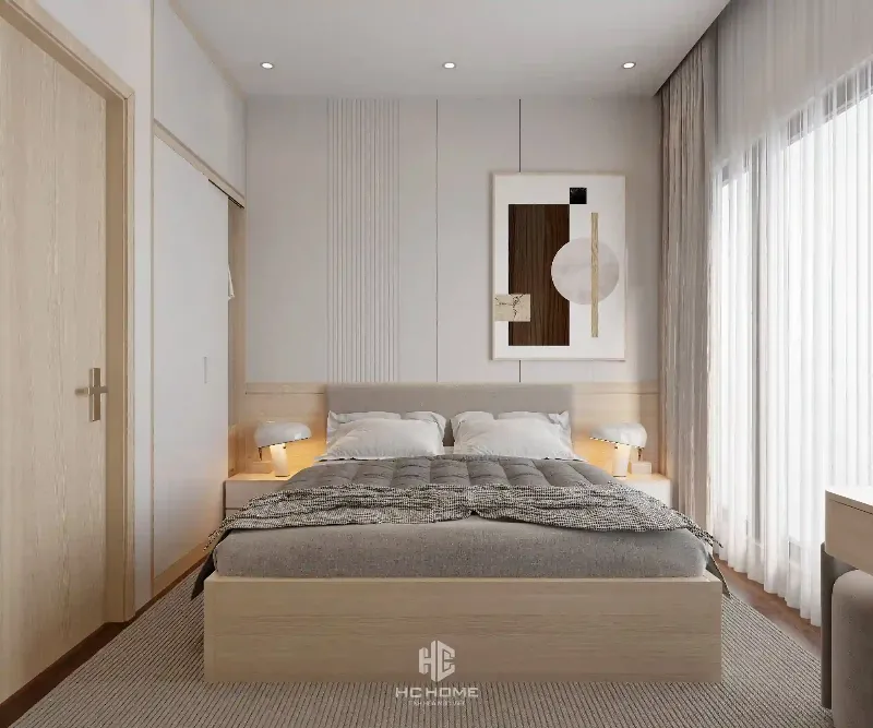 Cách bố trí phòng ngủ 12m2 thông thoáng với đồ nội thất nhỏ gọn, màu sắc tươi sáng và ánh sáng tự nhiên