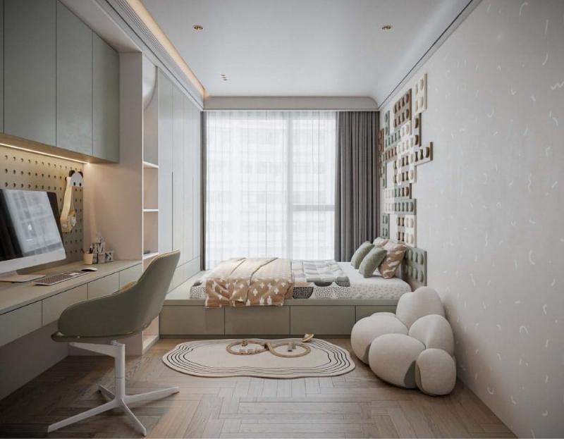 Phòng ngủ được bố trí thông minh, giường không đối diện cửa hay cửa sổ, tận dụng ánh sáng tự nhiên một cách hợp lý