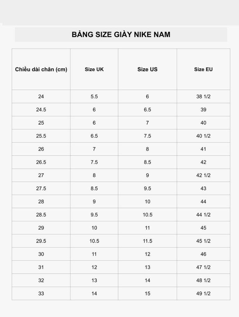 Bảng size giày Nike dành cho nam giới với chiều dài chân 24cm