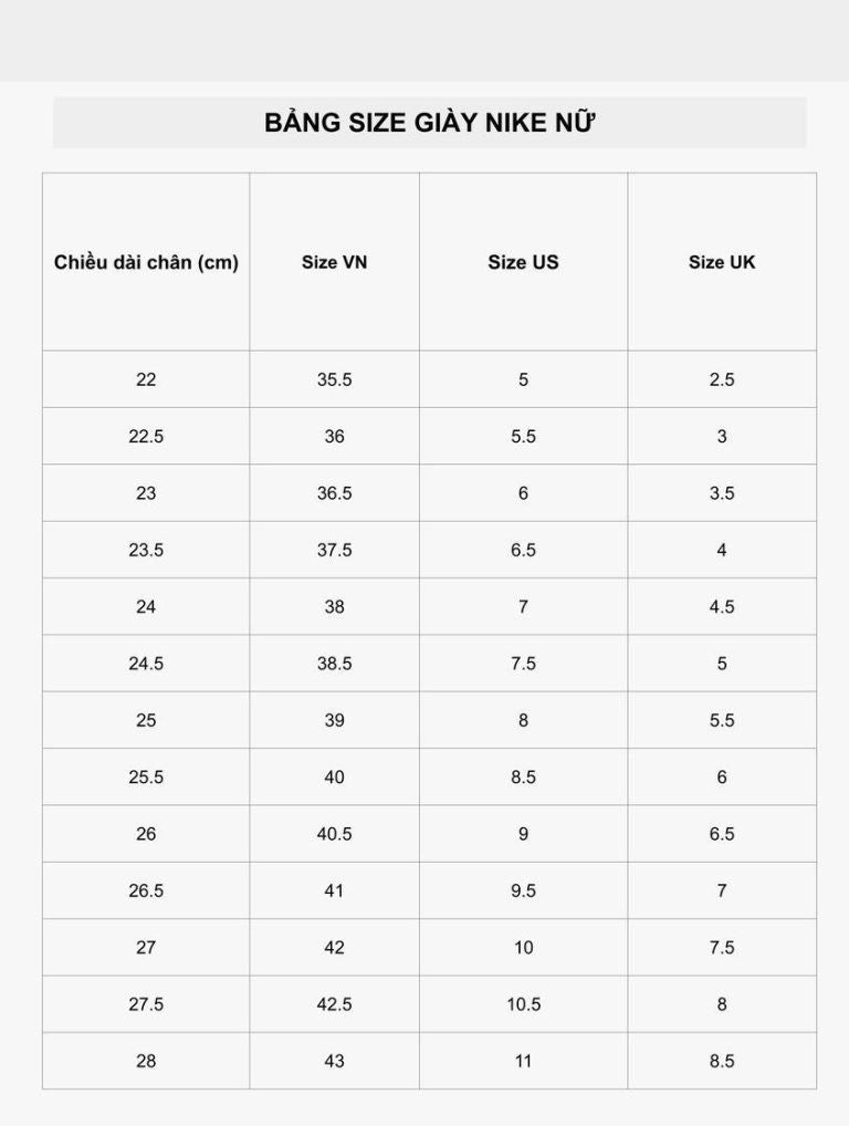 Bảng size giày Nike dành cho nữ giới với chiều dài chân 24cm