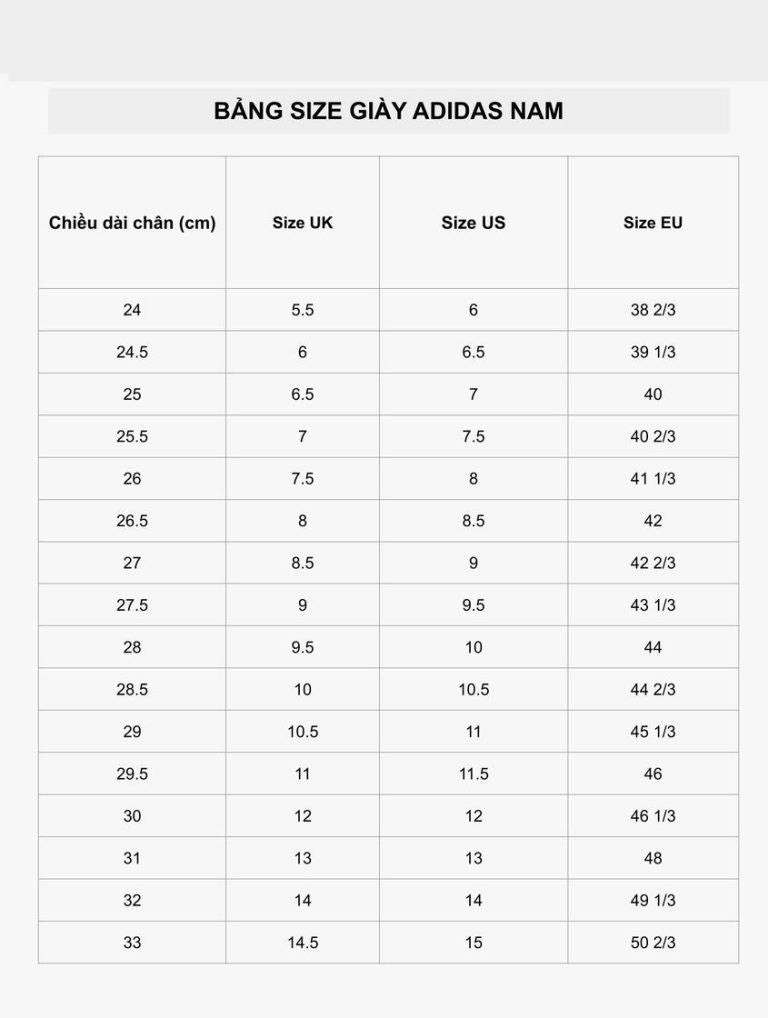Bảng size giày Adidas dành cho nam giới với bàn chân dài 24cm