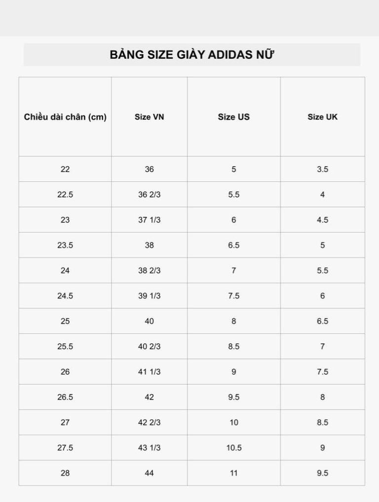 Bảng size giày Adidas dành cho nữ giới với bàn chân dài 24cm