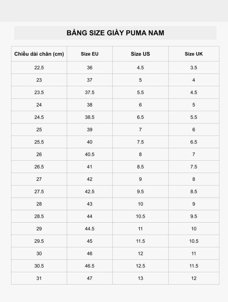 Bảng size giày Puma dành cho nam giới với chiều dài chân 24cm