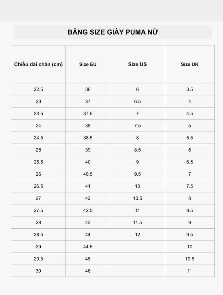 Bảng size giày Puma dành cho nữ giới với chiều dài chân 24cm