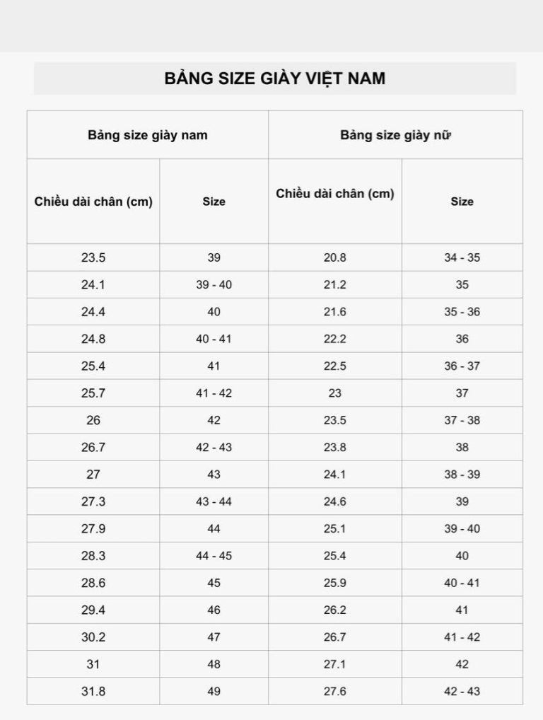 Bảng quy đổi size giày quốc tế chung cho cả nam và nữ, tham khảo khi chân dài 24cm