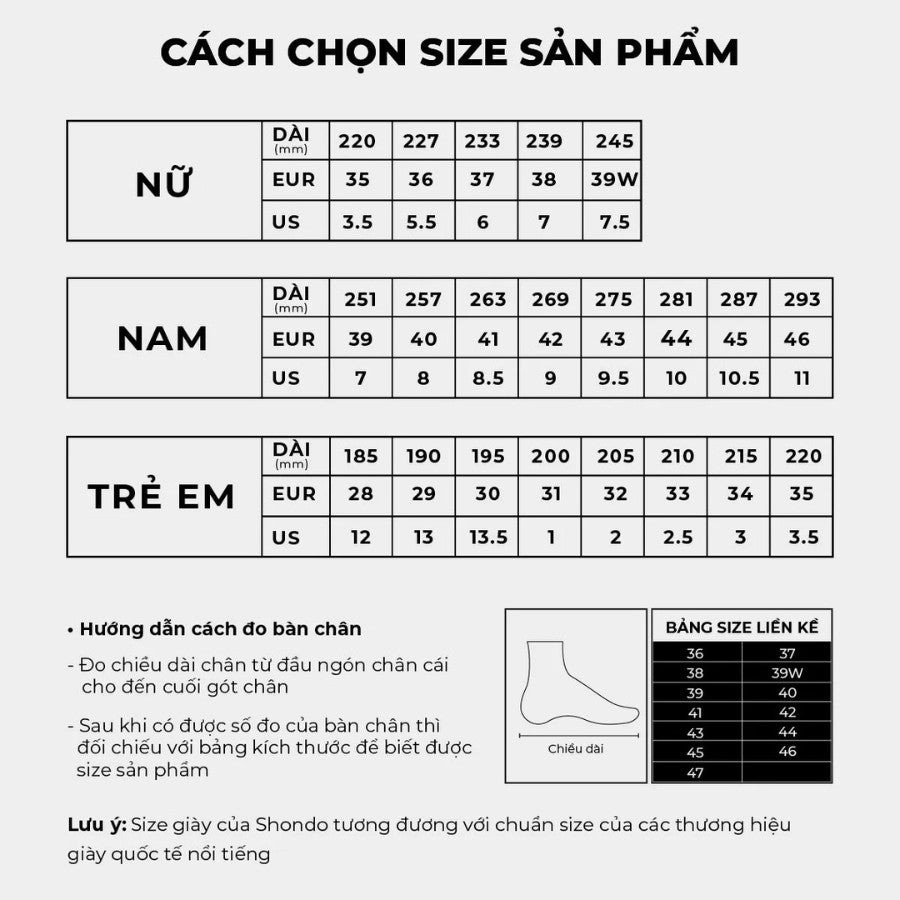 Bảng size giày thương hiệu Shondo chi tiết cho người có bàn chân 24cm