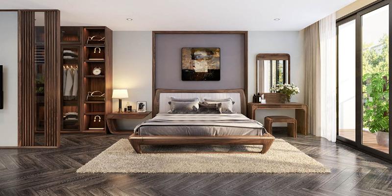 Decor bàn trang điểm treo gọn gàng, sang trọng với phụ kiện tối giản, lọ hoa nhỏ và gương viền gỗ