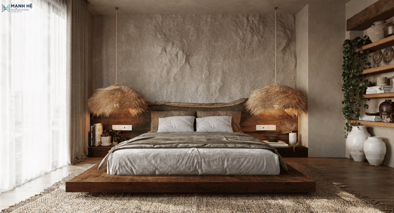 Góc phòng ngủ với khung treo quần áo được decor tinh tế cùng cây xanh và gương