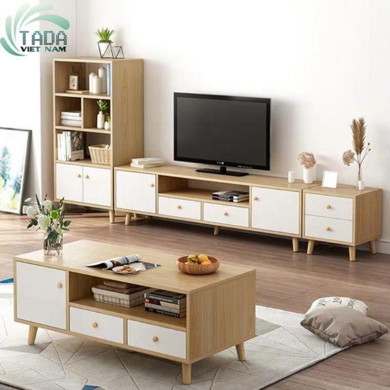 Mẫu kệ treo tường phòng khách bằng gỗ công nghiệp màu trắng kết hợp gỗ vân để đồ trang trí