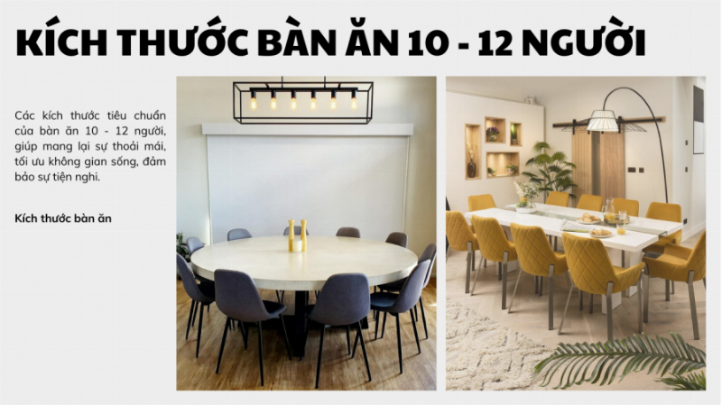 Sơ đồ minh họa kích thước chuẩn của bộ bàn ăn 8 ghế hình chữ nhật và hình tròn, giúp người dùng dễ dàng hình dung và lựa chọn