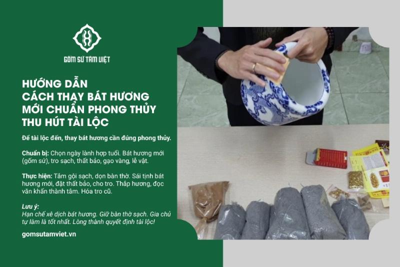 Hình ảnh chuẩn bị lễ vật cho nghi thức thay bát hương mới