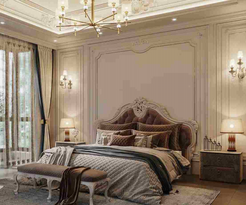 Thiết kế phòng ngủ đẹp màu xanh hiện đại với ánh sáng tự nhiên và nội thất tối giản, tạo không gian thư thái