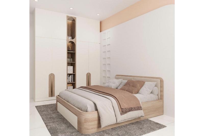 Phòng ngủ hiện đại tối giản với nội thất thông minh, giường bọc nệm êm ái, tối ưu hóa thời gian ngủ hợp lý
