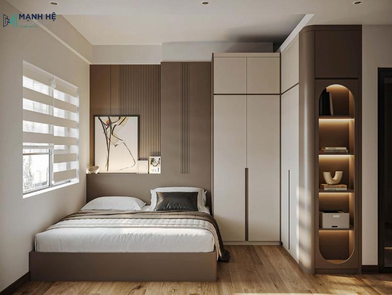 Thiết kế phòng ngủ 15m2 với tông màu sáng, cửa sổ lớn và đèn trang trí, tạo không gian thanh lịch