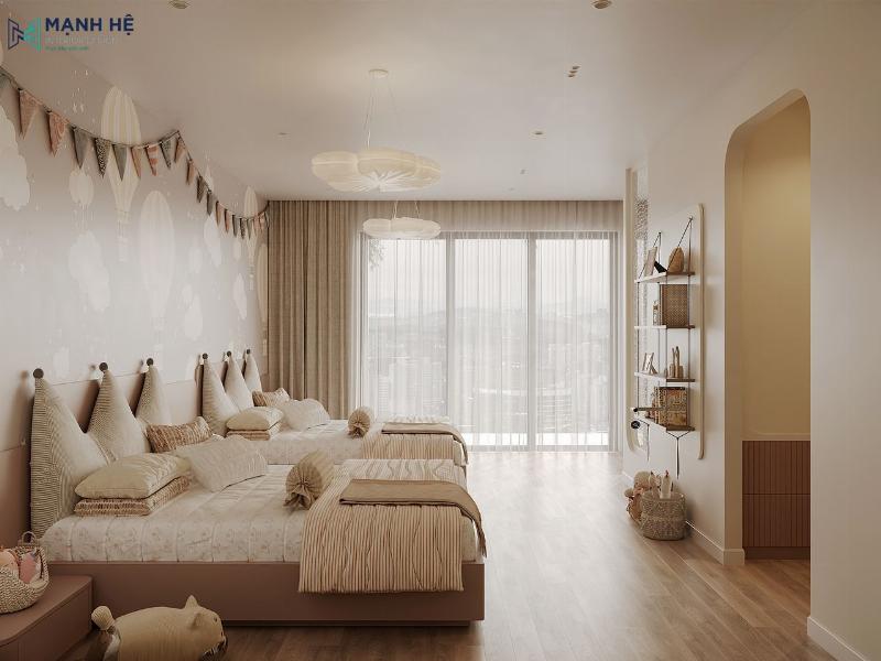 Một phòng ngủ được thiết kế hiện đại, tối ưu không gian và ánh sáng tự nhiên