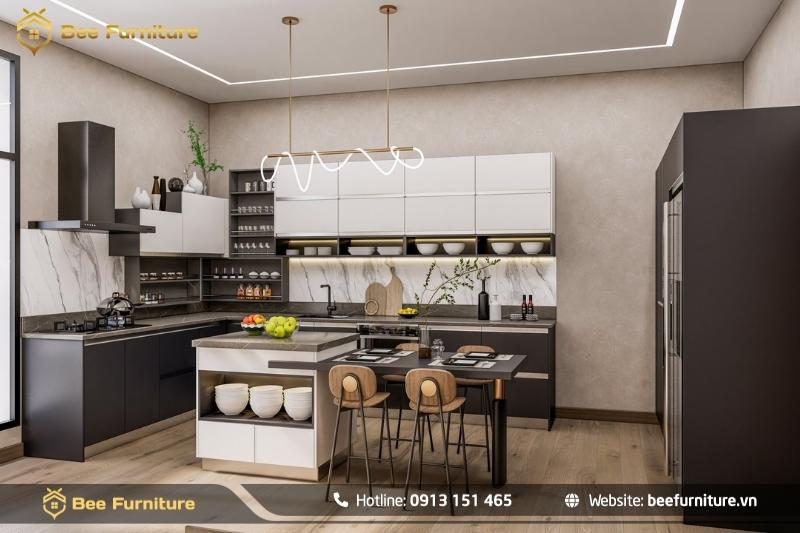 Mẫu quầy bar gỗ đẹp được bố trí hài hòa với các yếu tố phong thủy, tạo không gian cân bằng