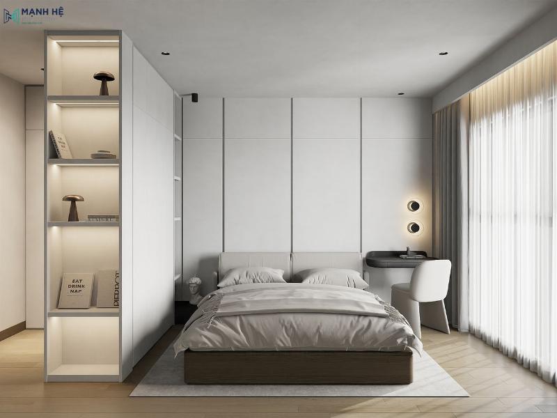 Thiết kế vách tường phòng khách đẹp hiện đại tích hợp kệ trang trí và ánh sáng