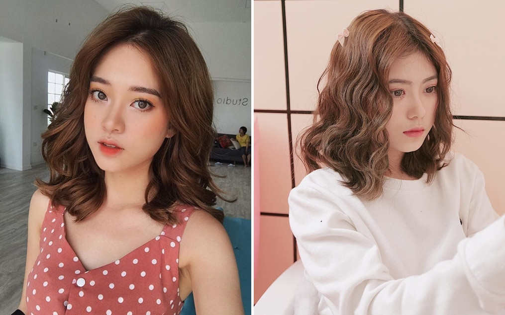 Tóc ngắn ngang vai xoăn nhẹ hợp mặt tròn